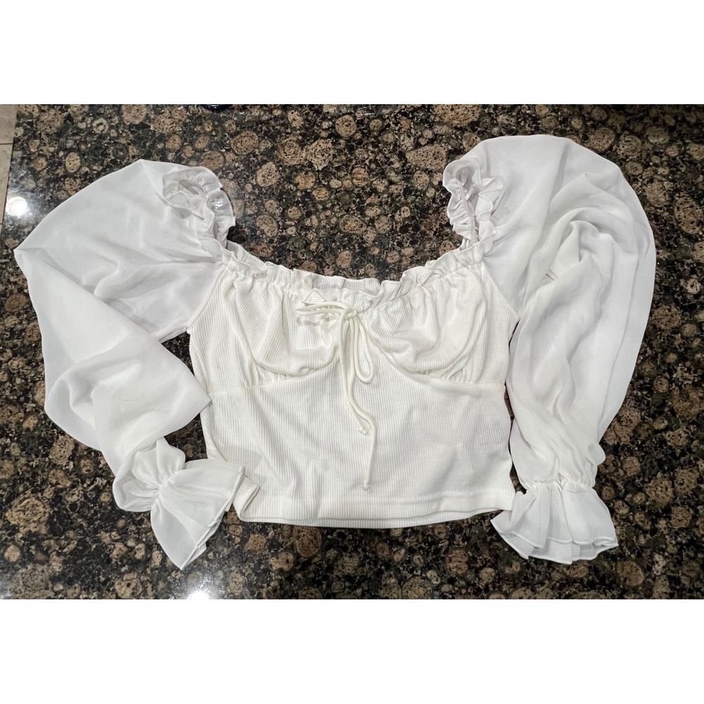 Shein White Ribbed Crop Top Sheer Lantern Sleeve Ruffle Tie Front Small